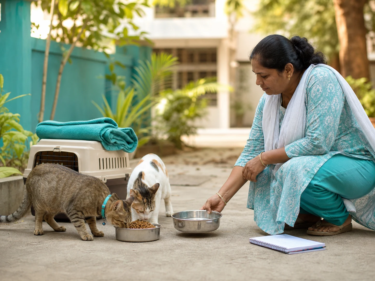 Community cats eating at a clean feeding station in India