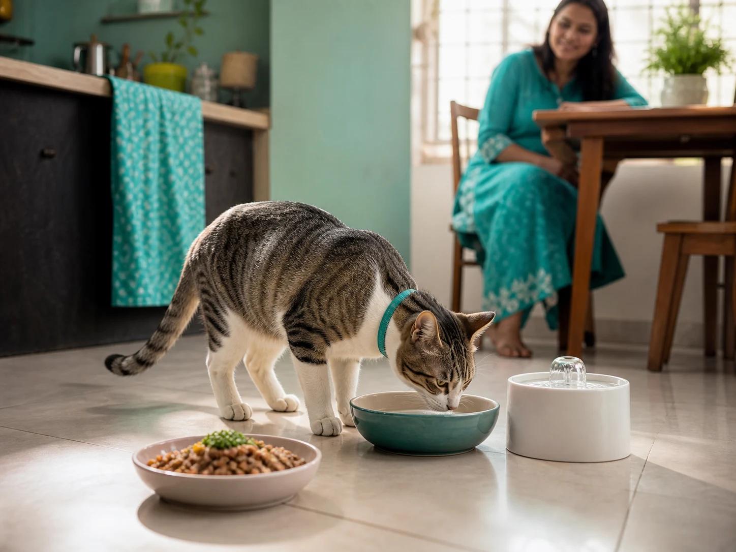 Cat drinking water beside wet food in an Indian home