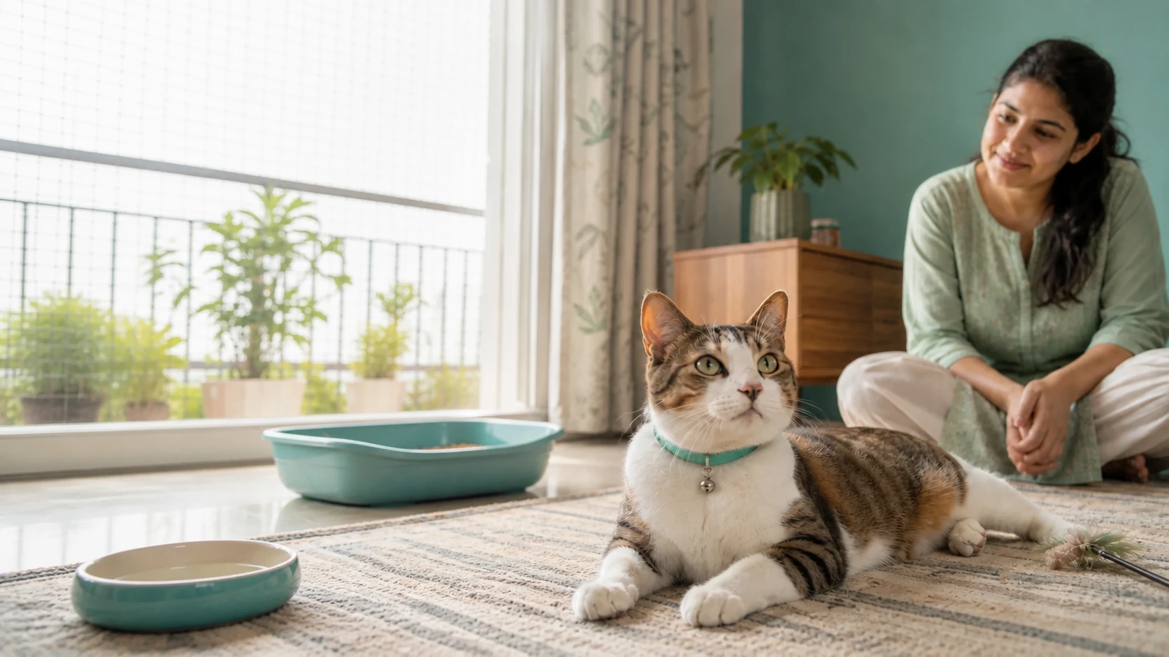 Healthy indie cat with water, litter tray and pet parent in an Indian home