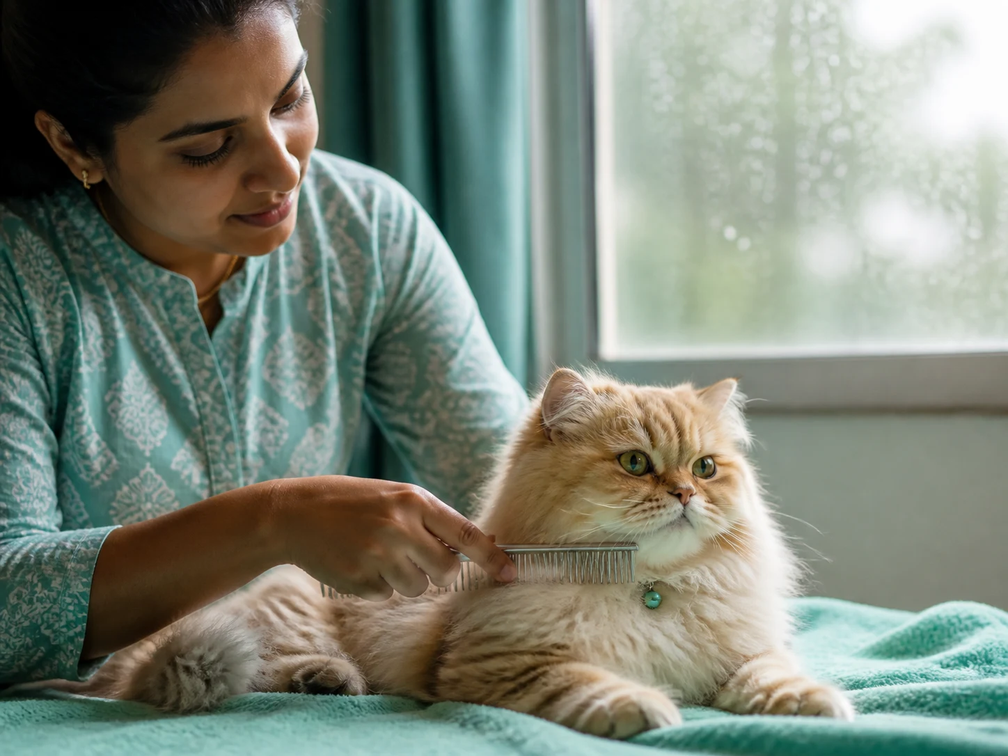 Indian pet parent gently combing a Persian cat during monsoon