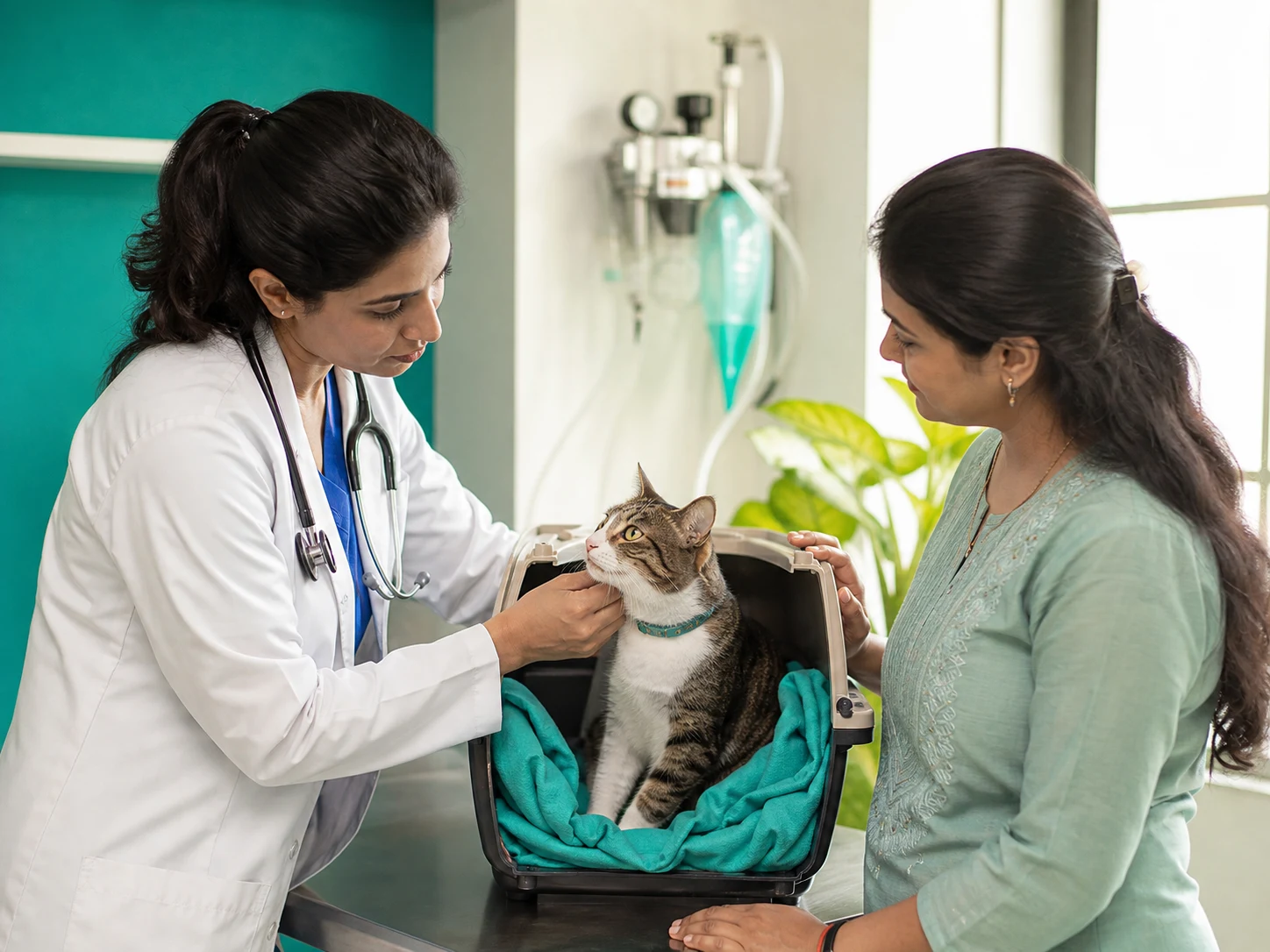Veterinarian examining a cat at a physical clinic in India