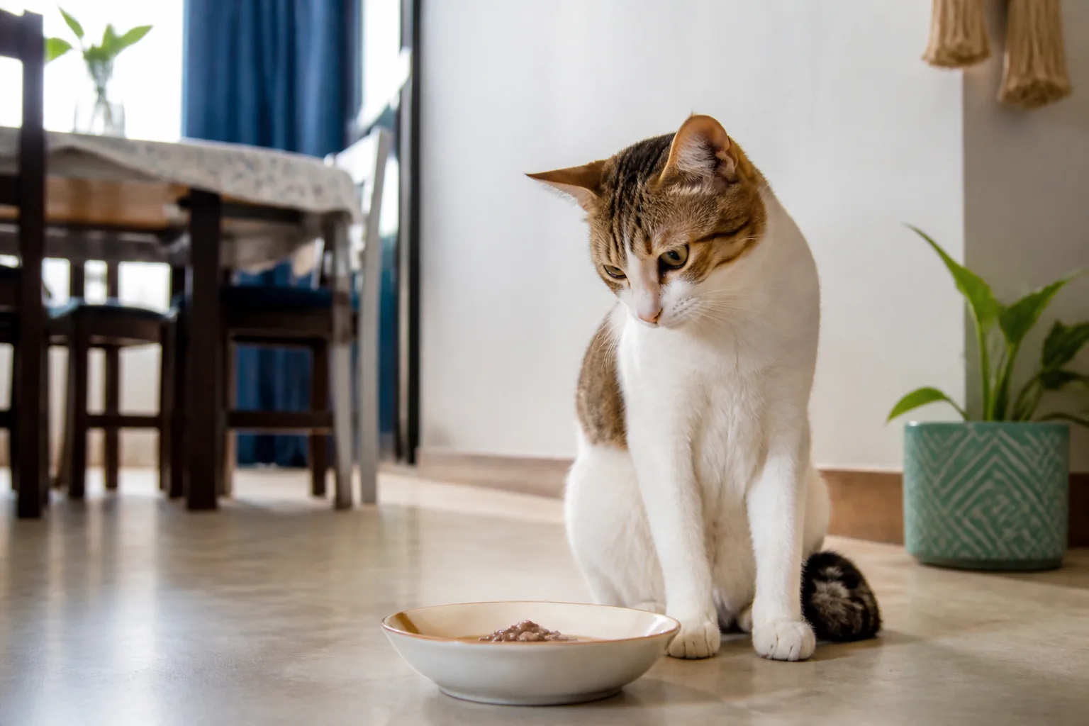 Alert brown-and-white cat sitting beside a bowl of untouched wet food in a quiet home.
