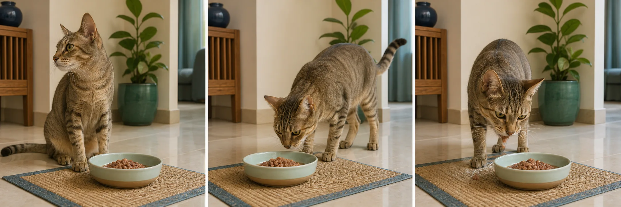 Three-panel example showing a cat ignoring food, sniffing and turning away, and trying to eat but dropping food.