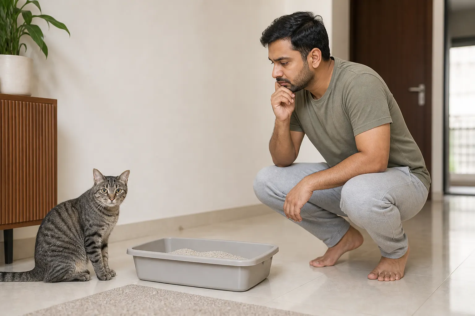 Adult grey tabby cat beside a clean litter tray while an Indian pet parent watches attentively.
