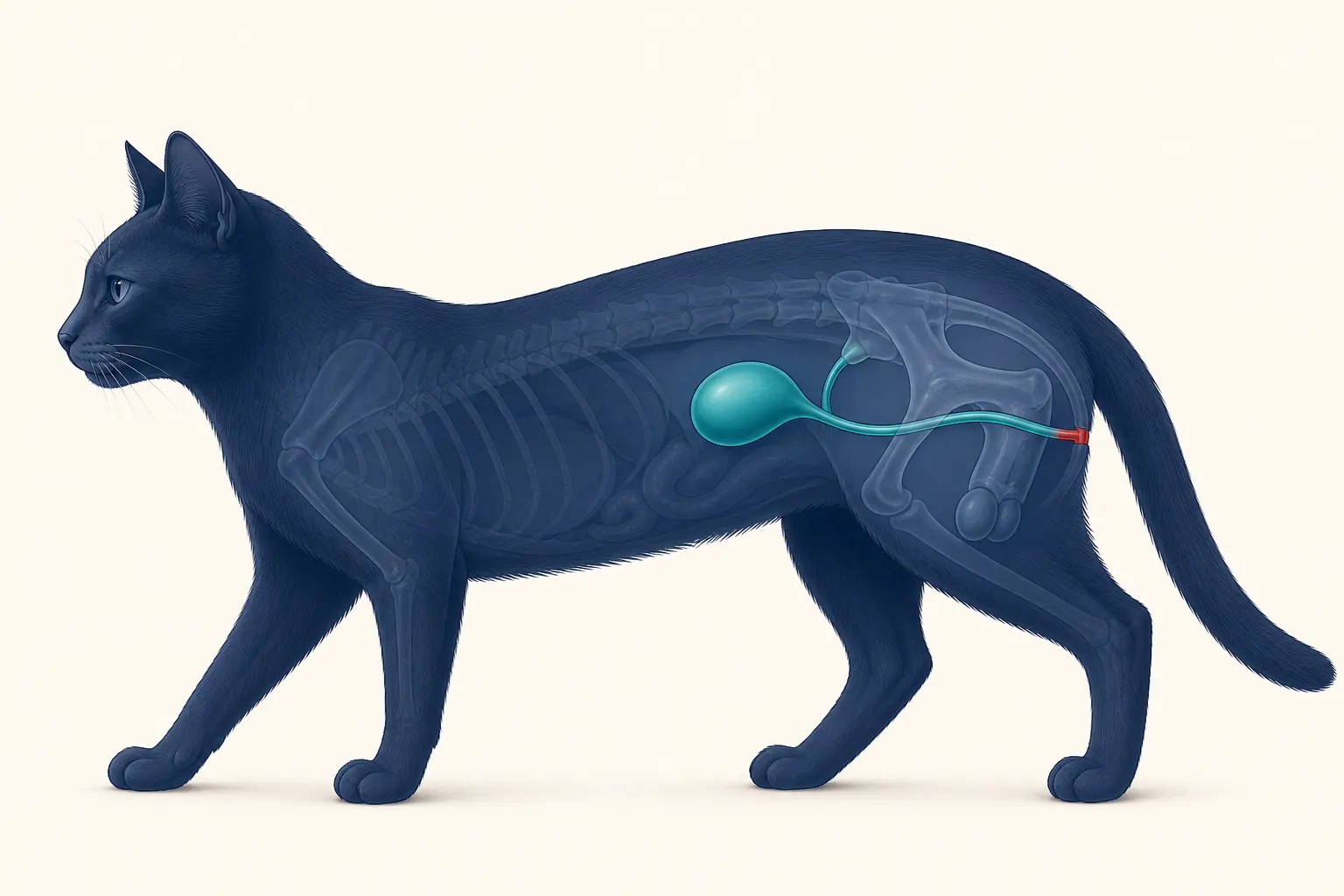 Simplified side-view illustration of a male cat showing the bladder and narrow urethral path.
