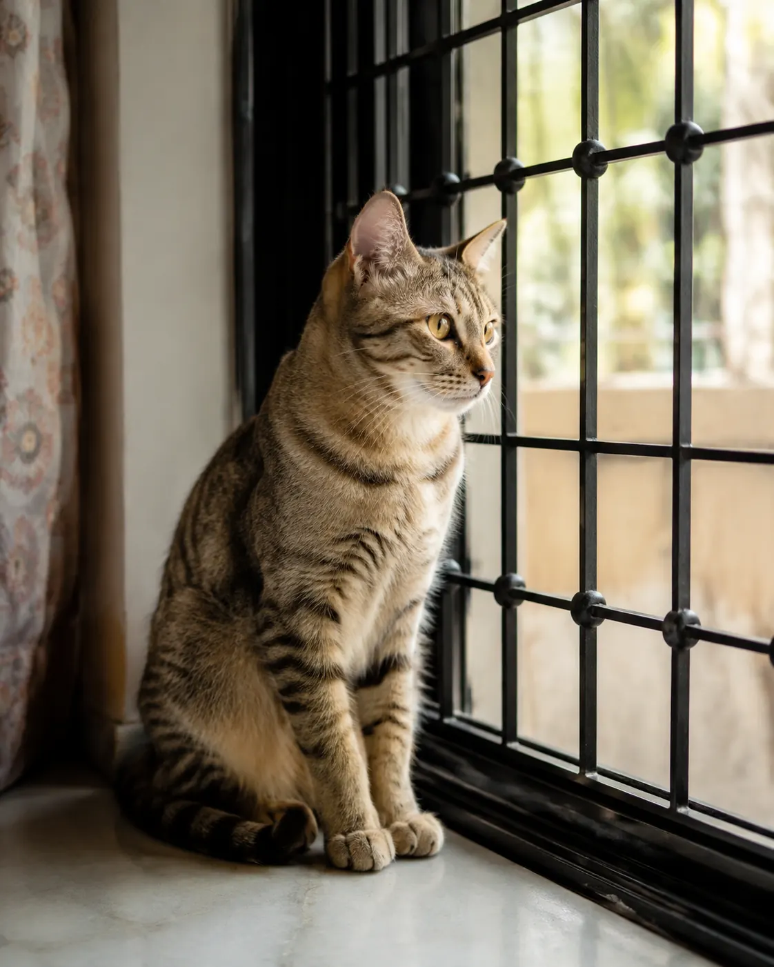 A cat sitting indoors at a window grille, looking out at the daylight