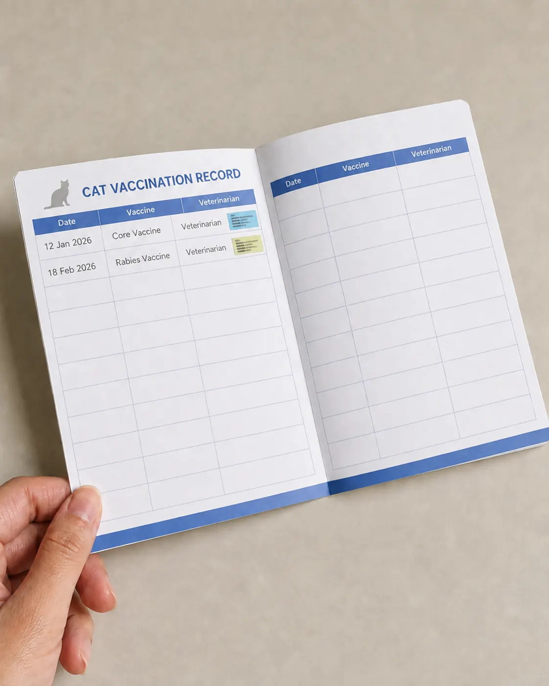 A vaccination record booklet for a cat, open on a table with dated entries for a core vaccine and a rabies vaccine