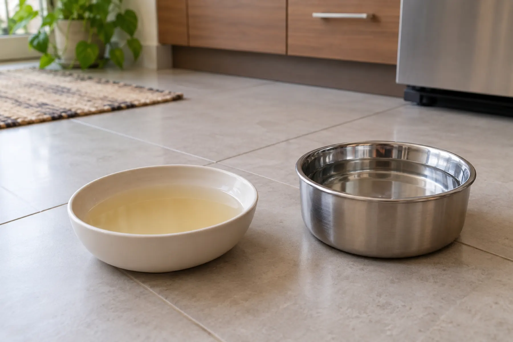 A white bowl of plain broth and a metal bowl of water on a kitchen floor