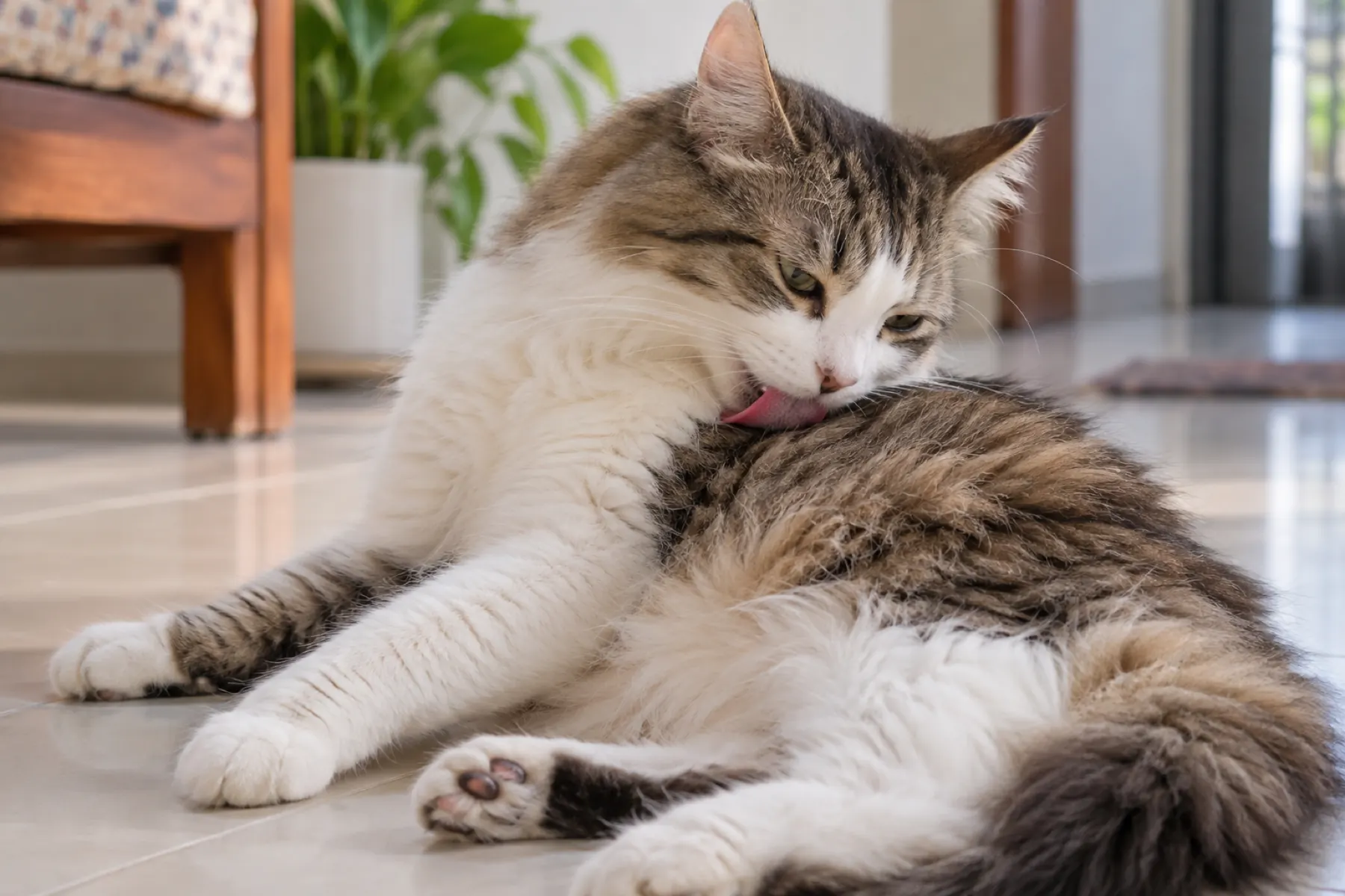 A long-haired tabby-and-white cat grooming its side