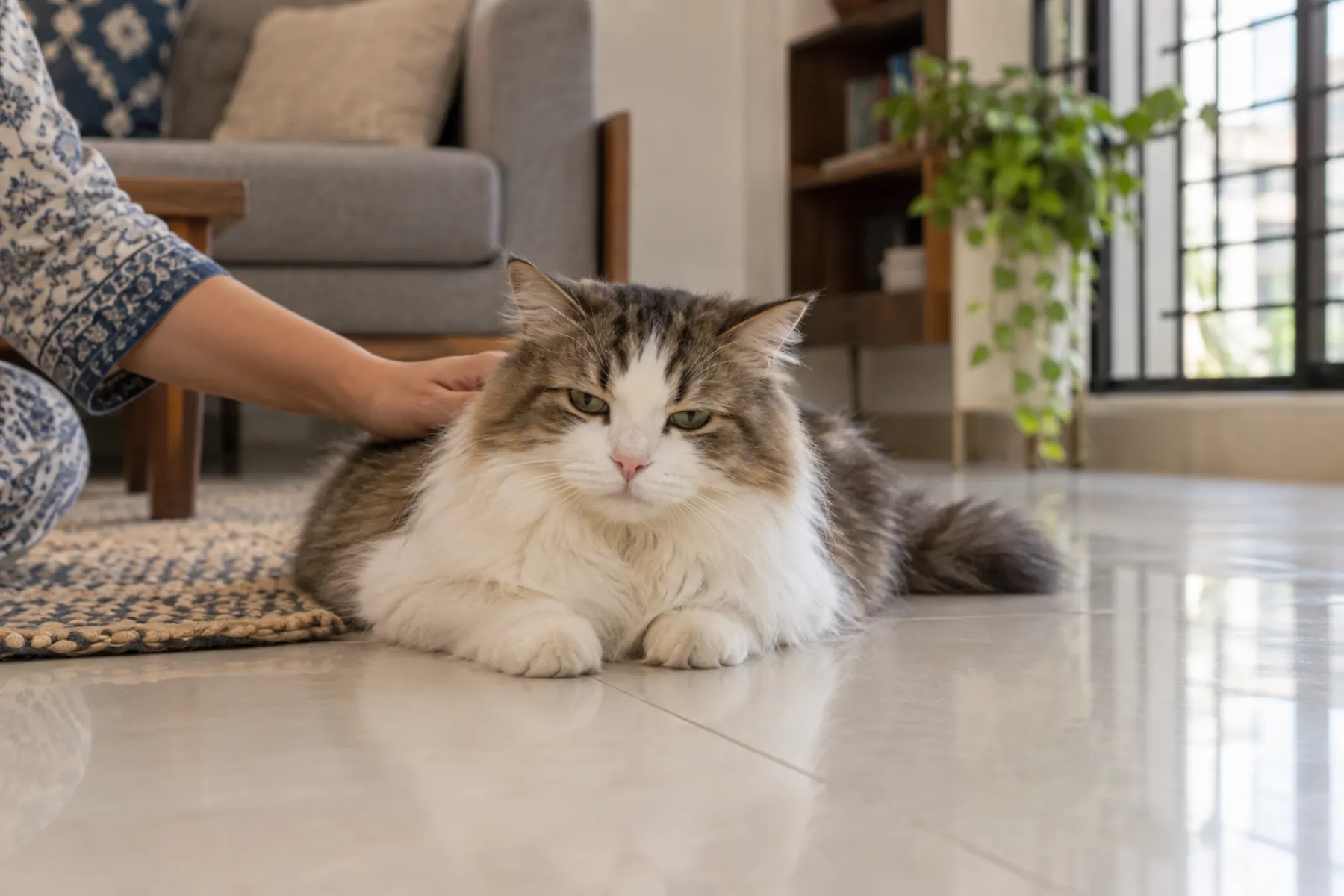 A long-haired tabby-and-white cat resting on a tiled floor while a person strokes its back