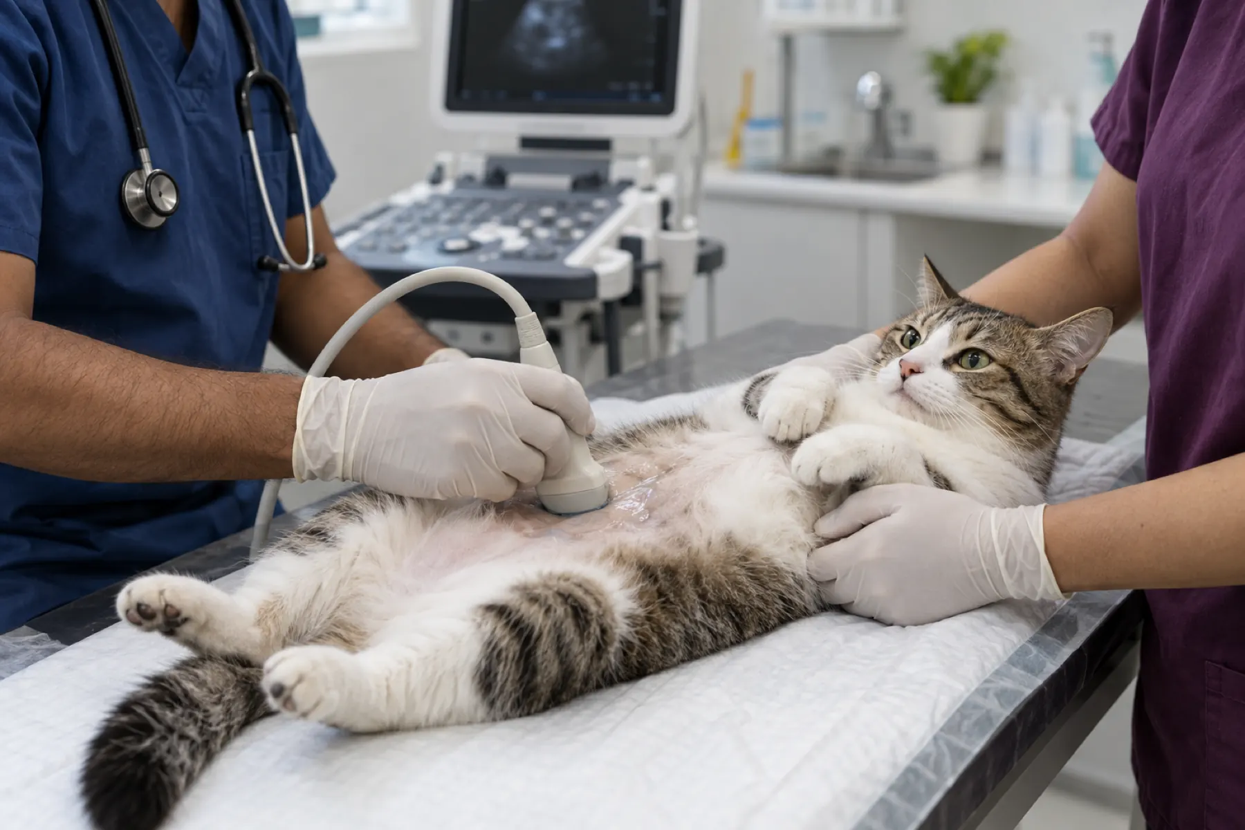 A cat lying on a veterinary examination table while an abdominal ultrasound is performed