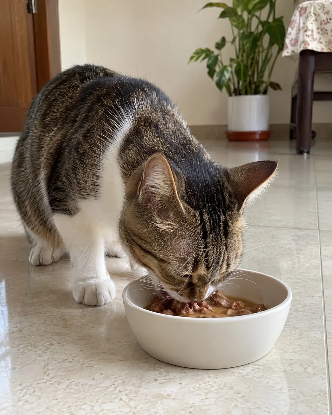 A cat eating from a food bowl on the floor of a home