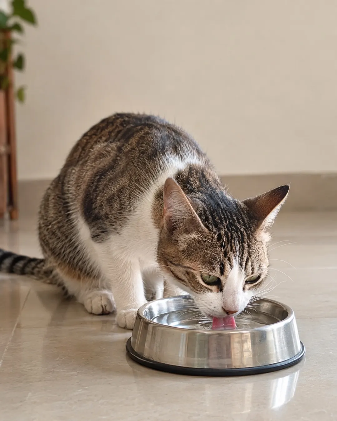 A cat drinking water from a steel bowl on the floor of a home