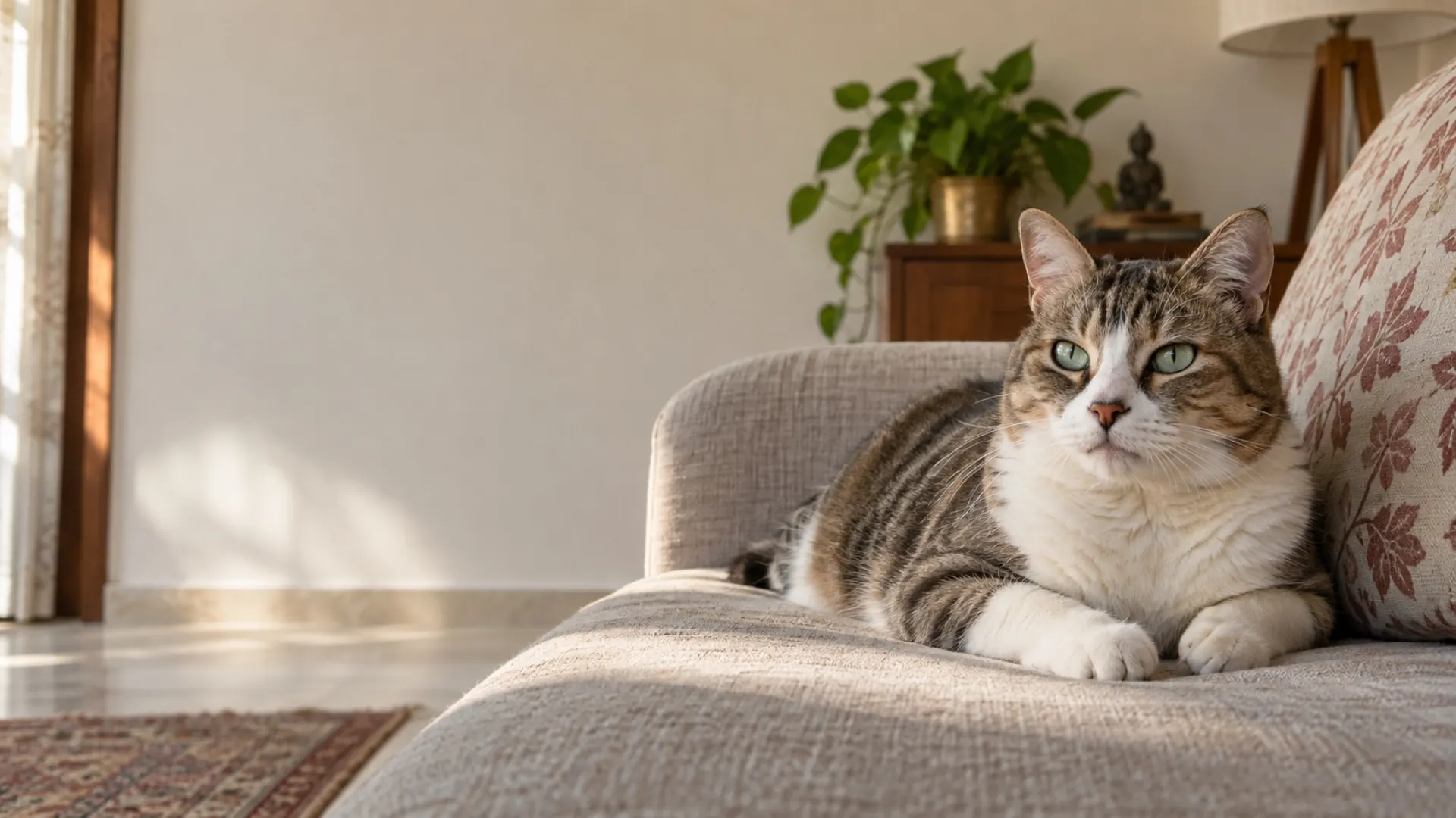 An older domestic cat resting alert and comfortable on a sofa in the daylight of an Indian home