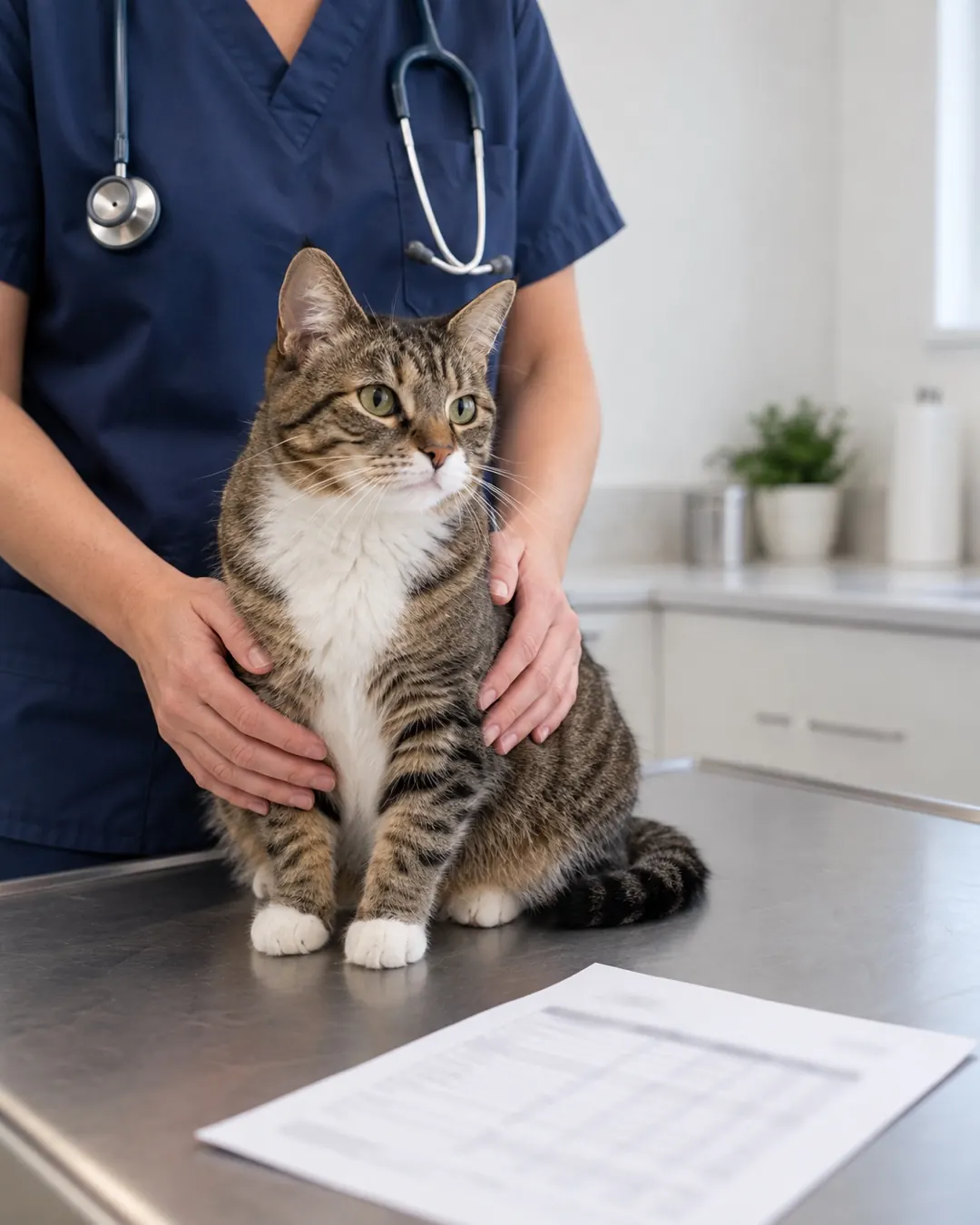 A veterinarian steadying a calm cat on a consultation table with a printed laboratory report beside them