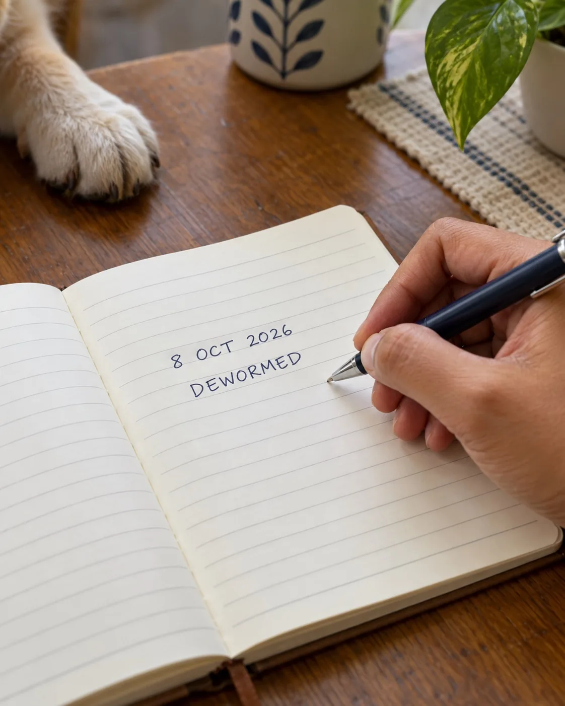 A hand writing '8 Oct 2026, dewormed' in an open notebook on a wooden table, with a dog's paw resting at the edge