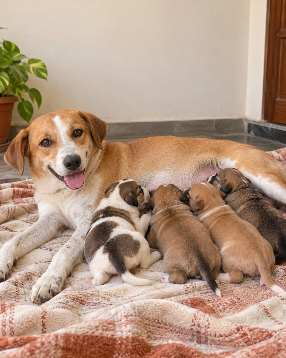 A mother dog lying on a blanket indoors while a litter of young puppies nurse against her