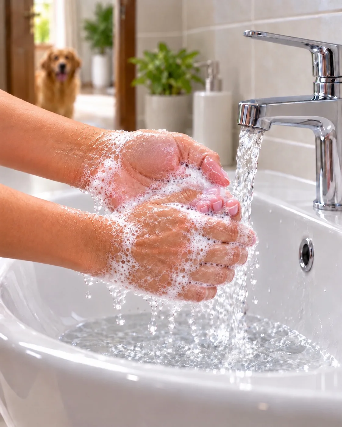 Soapy hands being washed under a running chrome tap at a white bathroom basin, with a dog out of focus in the doorway behind