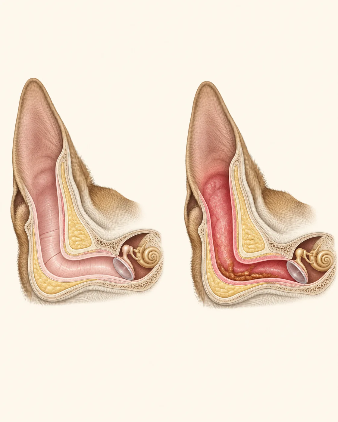 Veterinary illustration comparing a healthy and inflamed L-shaped dog ear canal