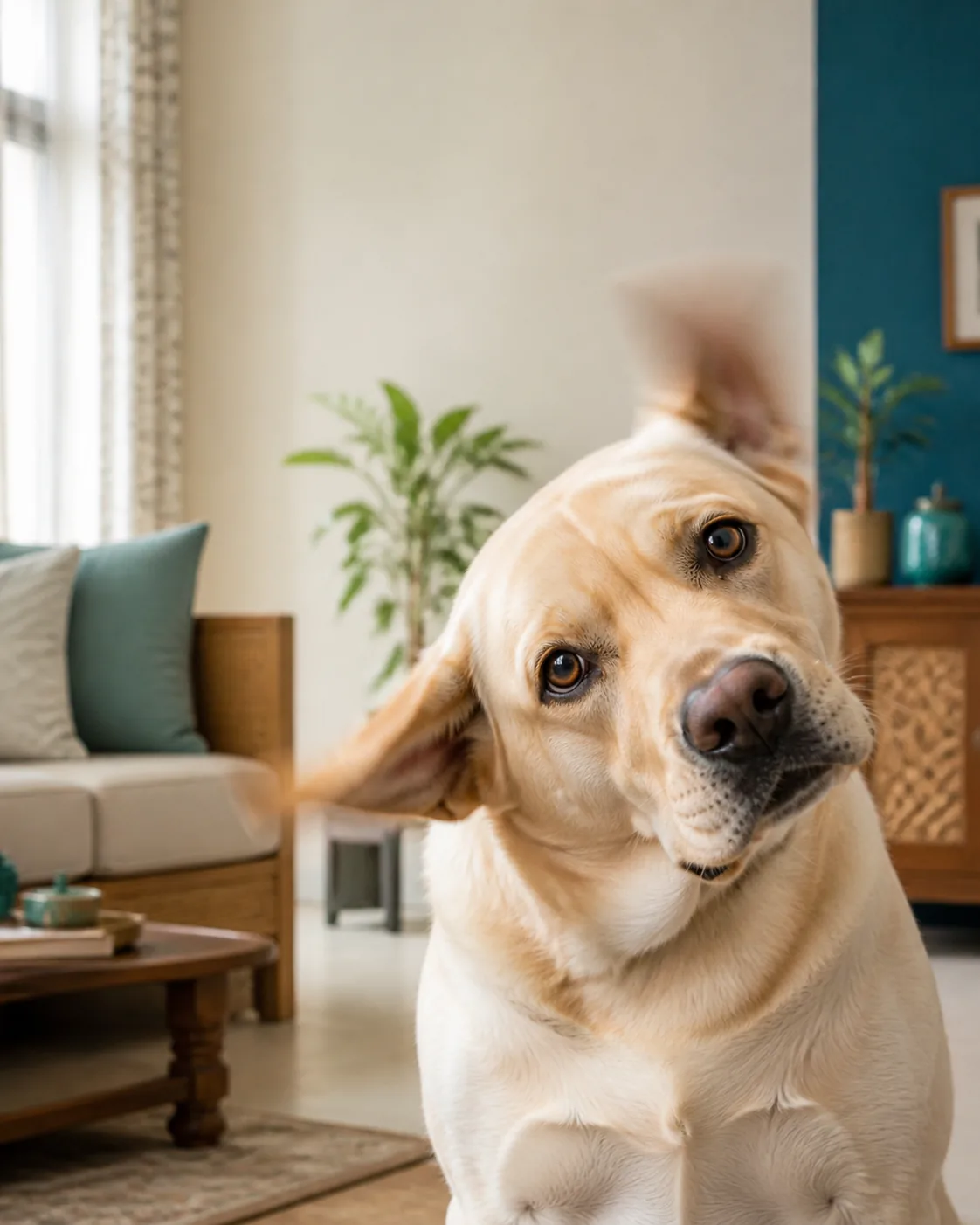 A Labrador shaking its head while a pet parent notices the ear
