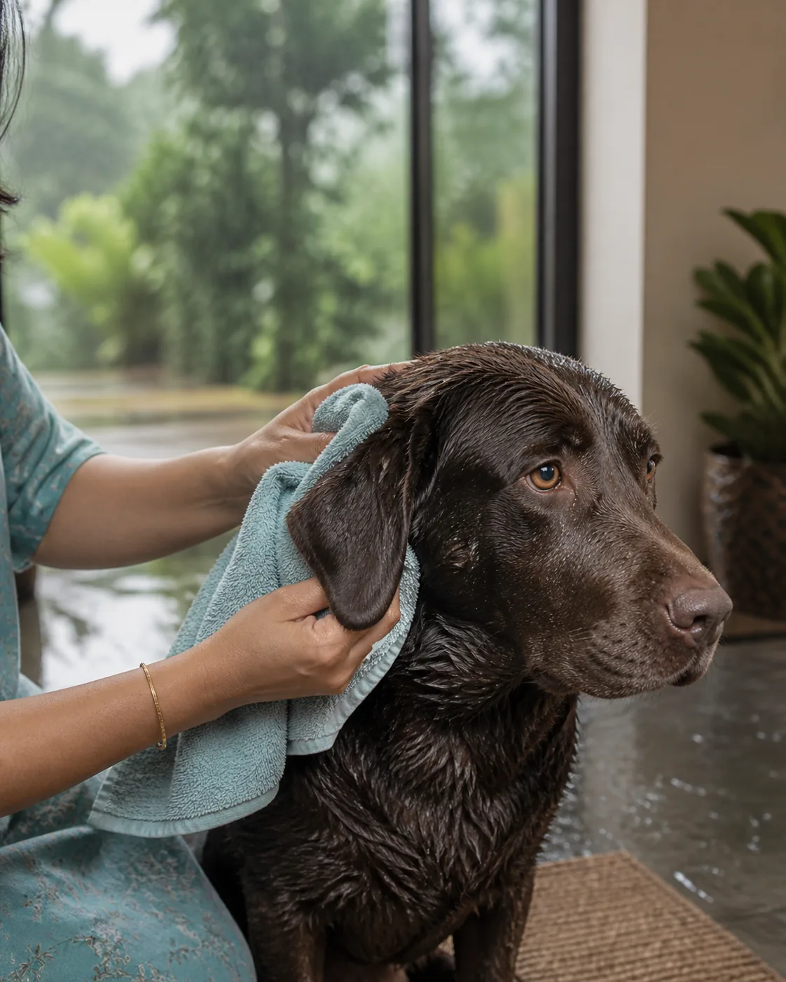 Pet parent gently drying a Labrador's visible ear after a wet monsoon walk