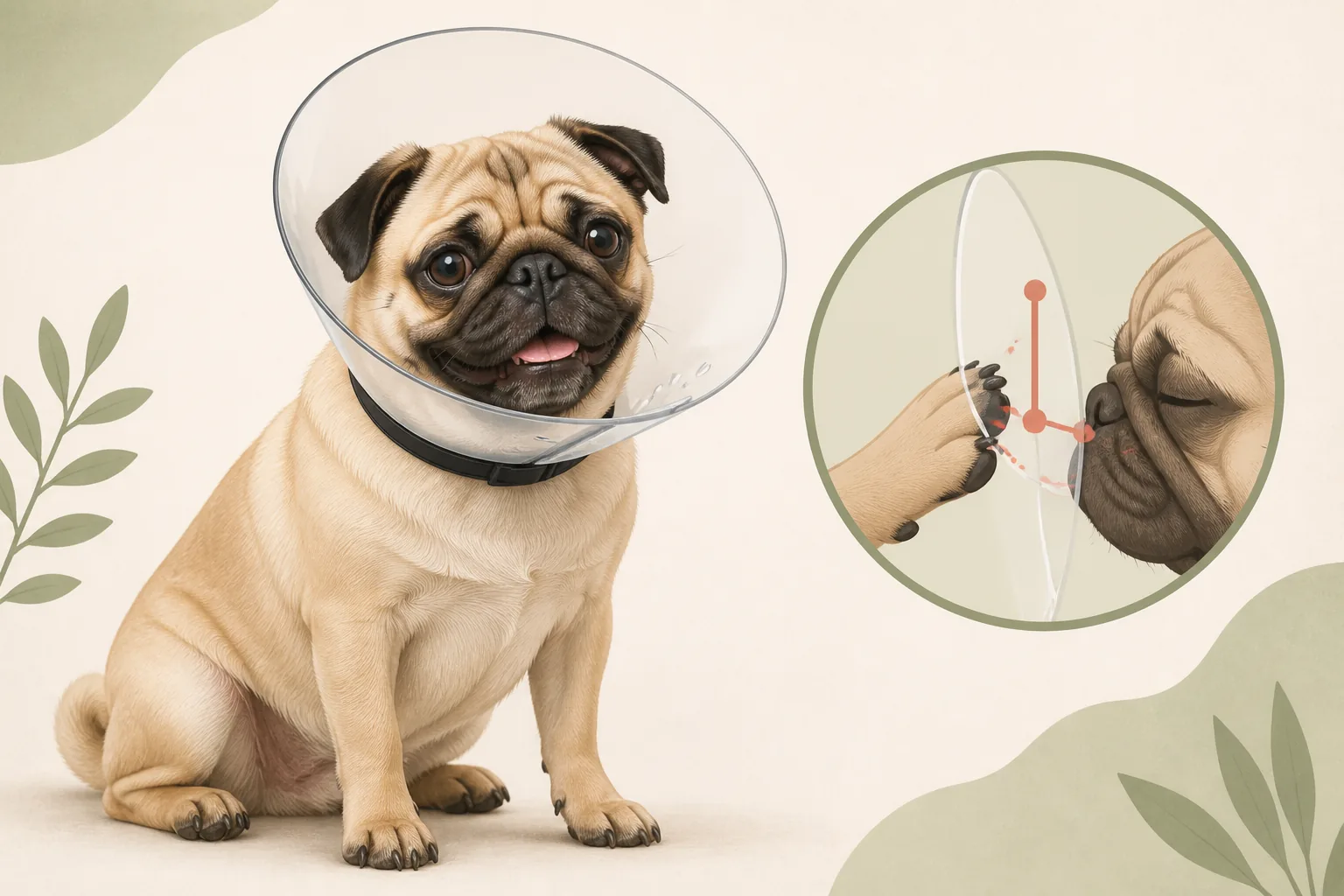 A pug wearing a correctly fitted e-collar that prevents eye rubbing