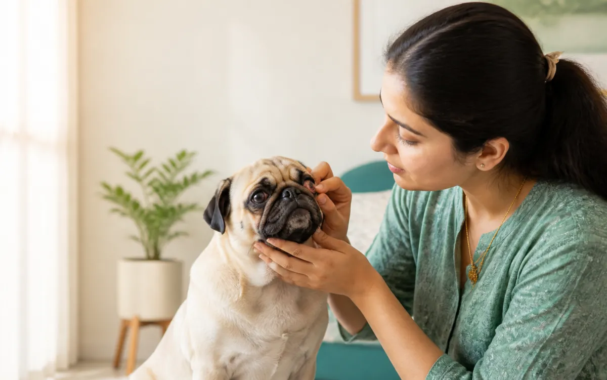 A pet parent gently checking a pug's eye at home