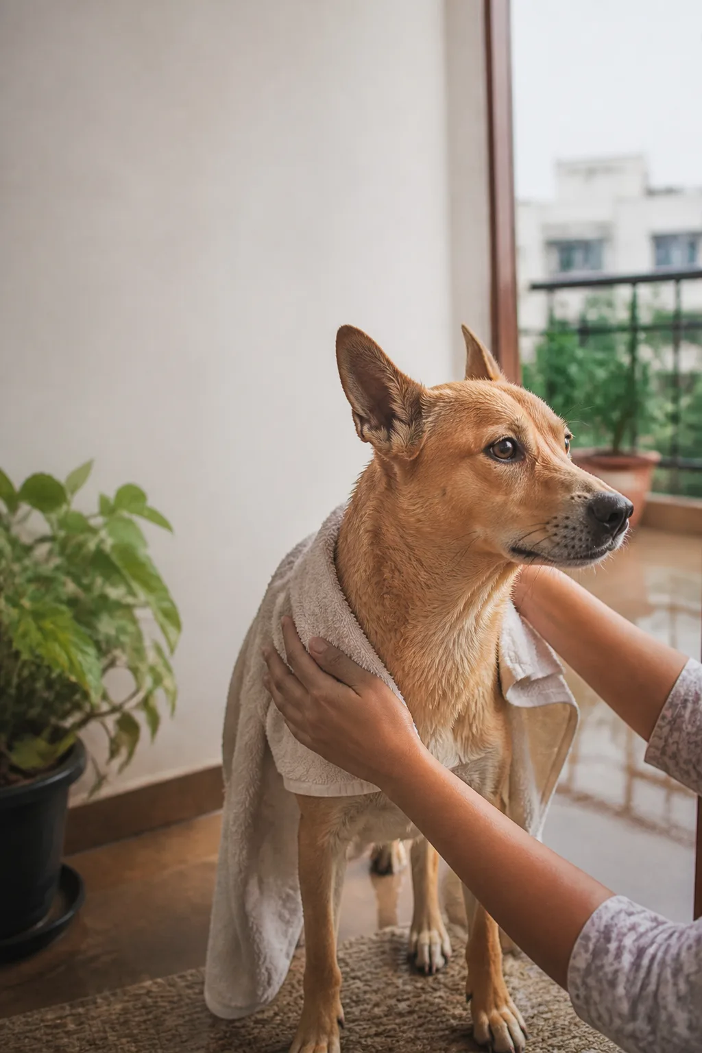 Tan Indie dog being gently towel-dried near a rain-speckled window
