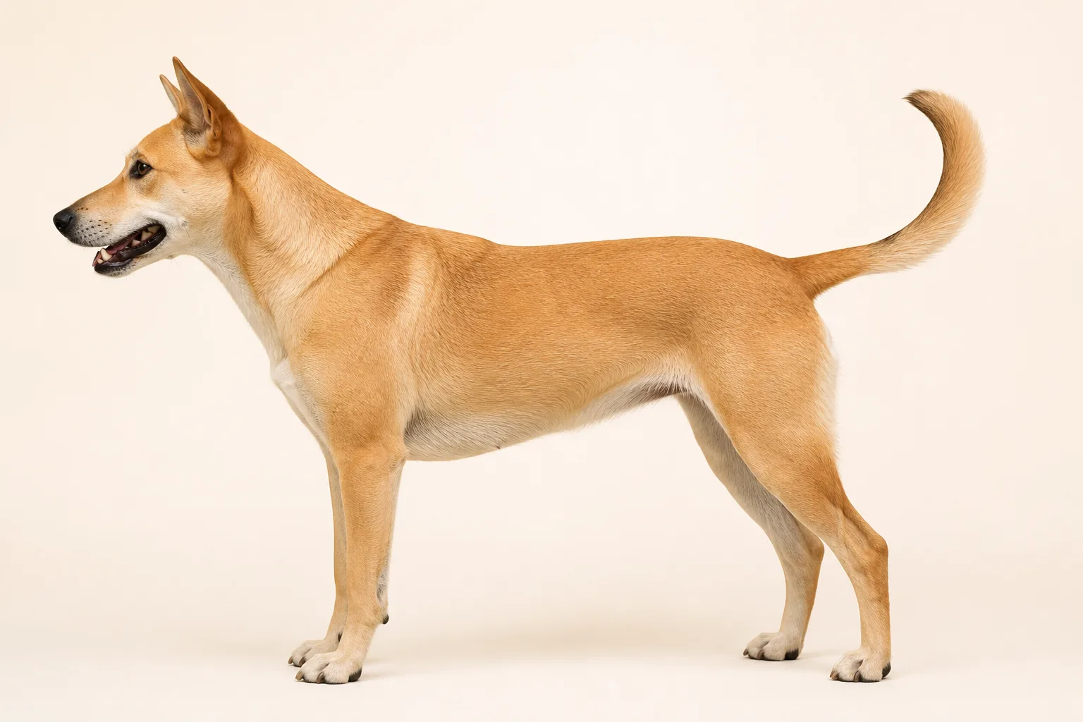 Healthy tan Indie dog shown from the side for an annotated skin-check map