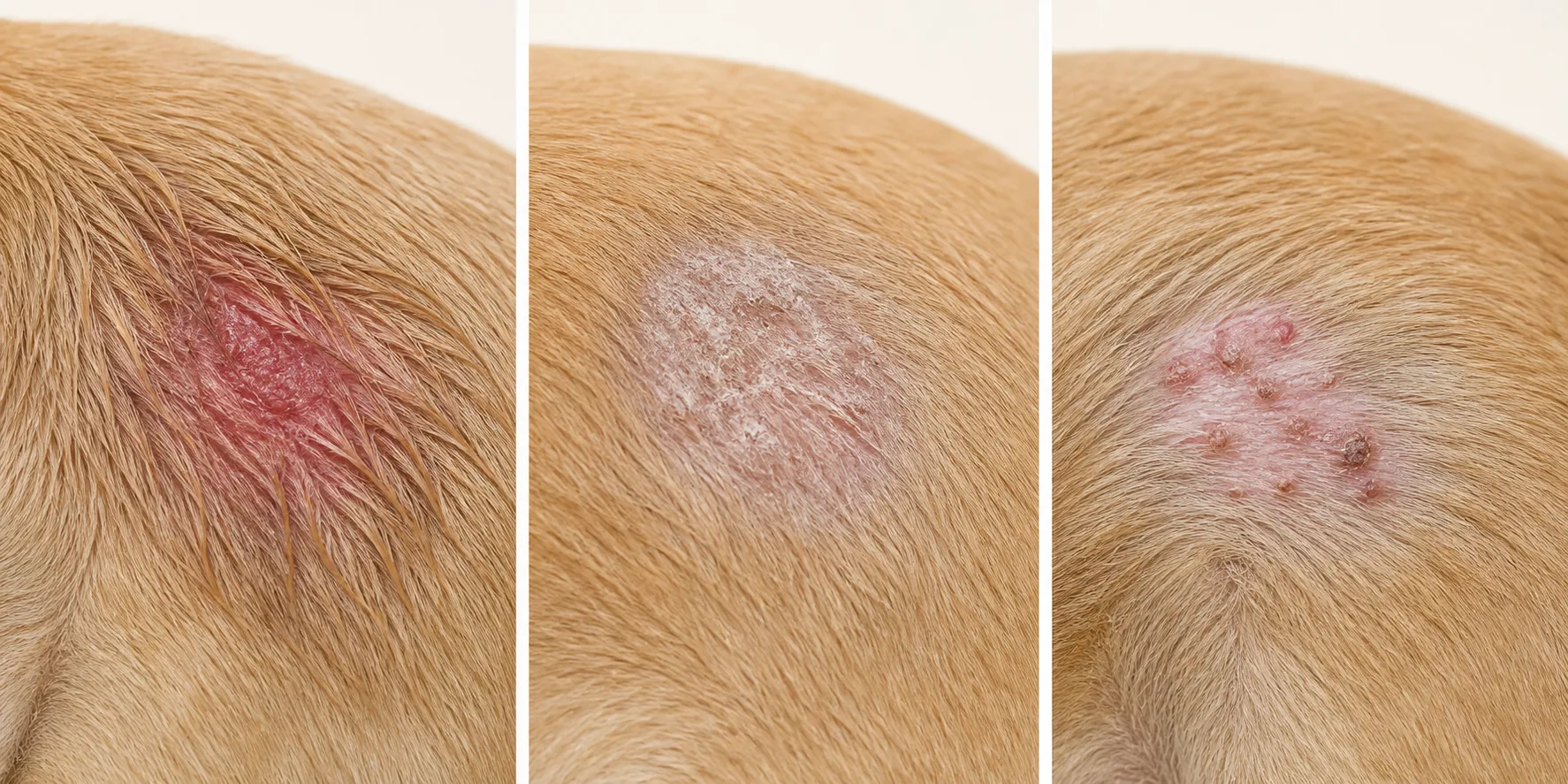 Three educational examples of a damp red patch, a dry scaly patch, and small bumps or crusts on a dog's skin
