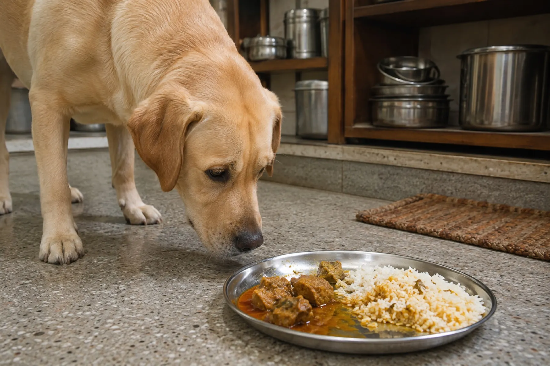 A dog sniffing at a steel plate of leftover curry and rice on a kitchen floor