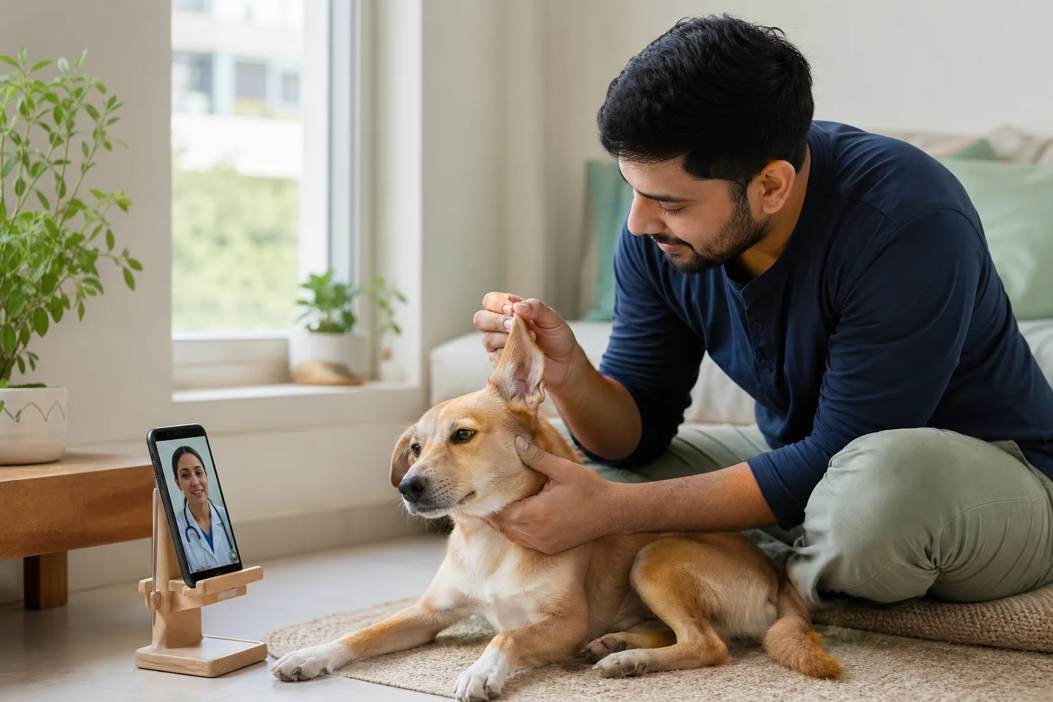 Pet parent gently showing his dog's ear to a veterinarian during a video consultation