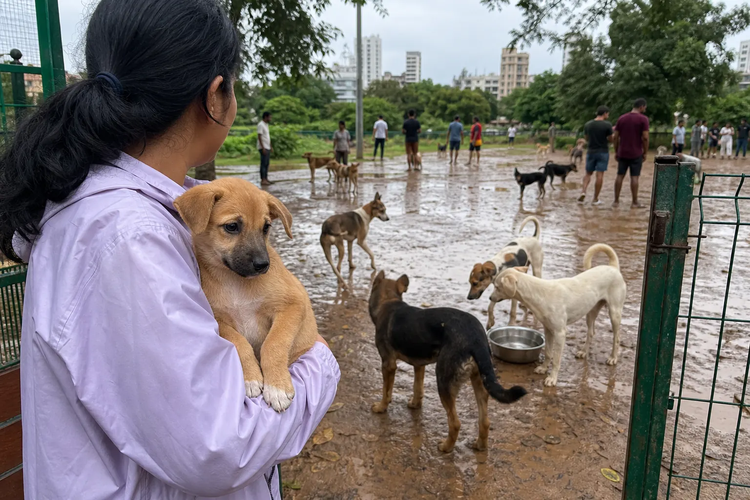 Pet parent carrying a young puppy away from a muddy crowded public dog area with unfamiliar dogs and a shared water bowl.