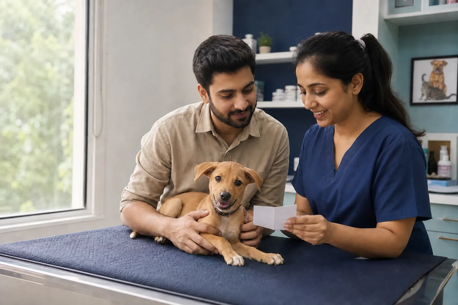 Pet parent and veterinarian reviewing a vaccination card beside an alert puppy in a veterinary room.