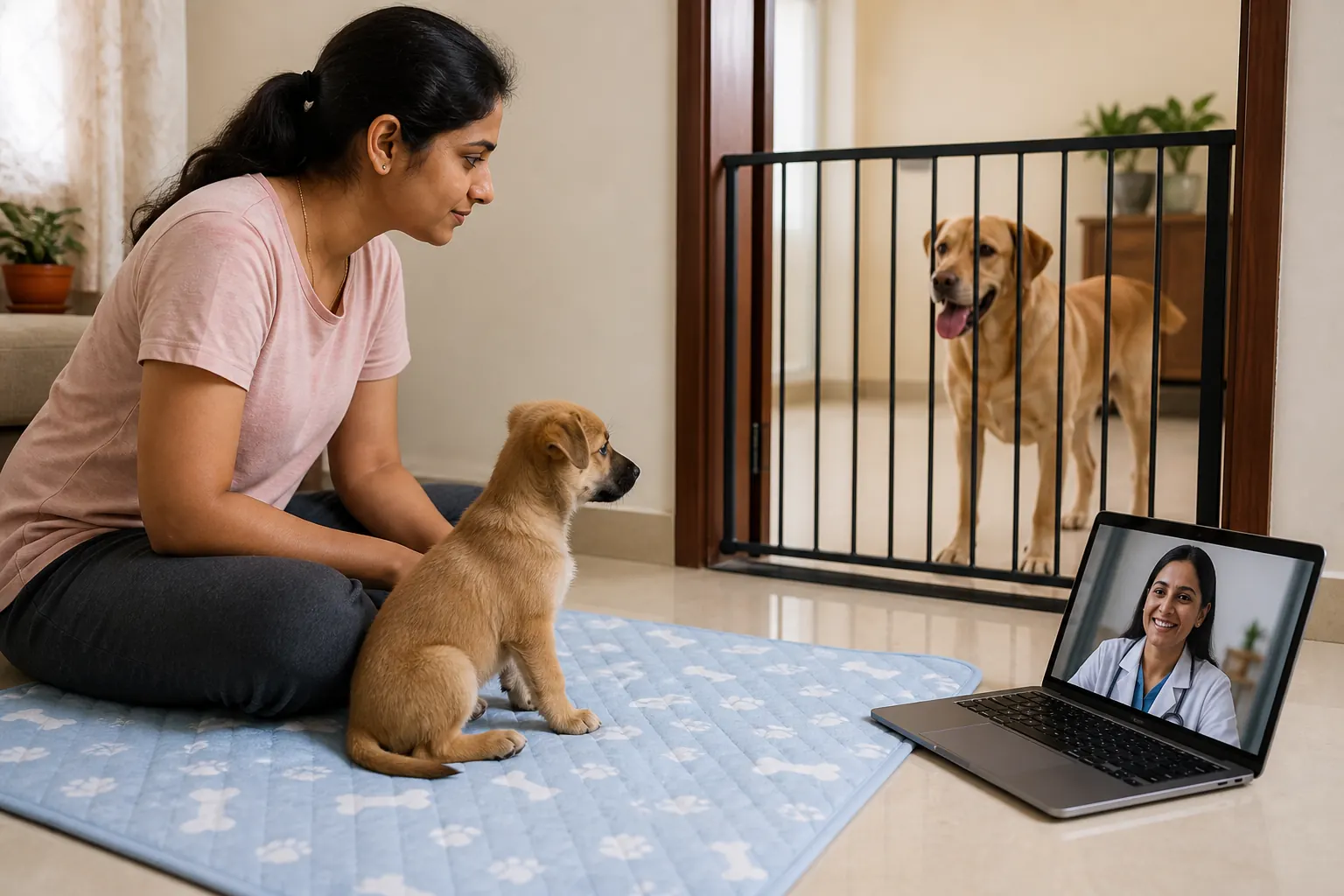 Young Indie-mix puppy calmly observing a known adult dog through an indoor safety gate while a pet parent speaks with a veterinarian by video.