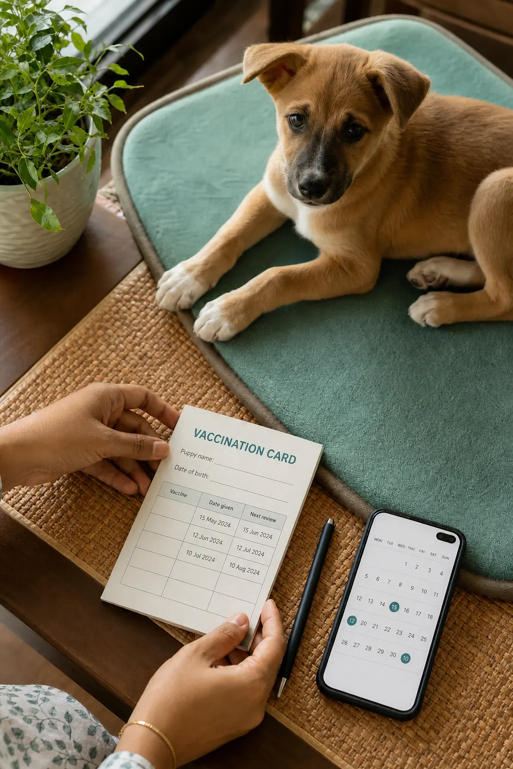 Vaccination card with simple record fields, calendar dates on a phone, pen, and an alert puppy on a teal mat.