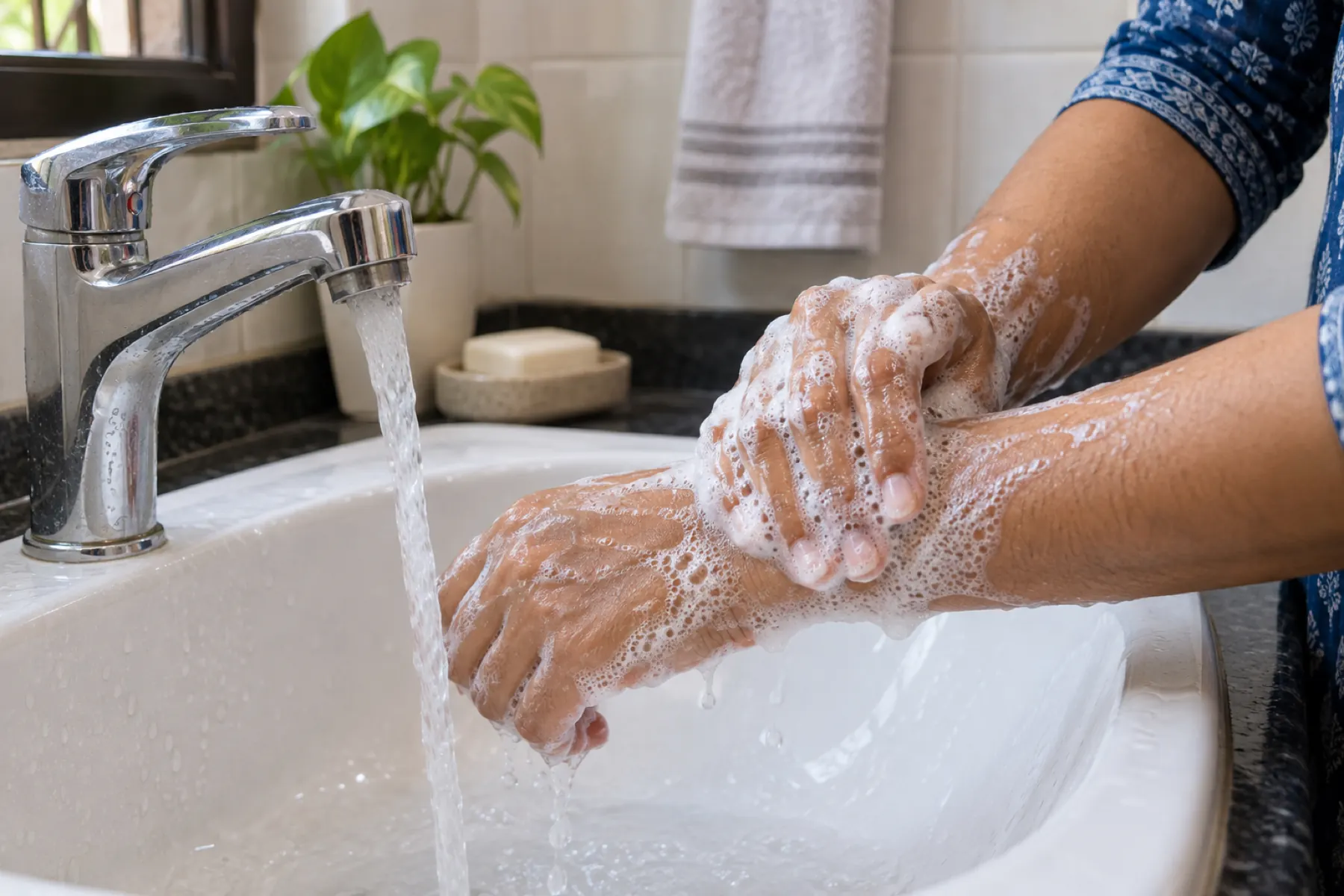 Hands and forearms lathered with soap under a running tap at a bathroom sink