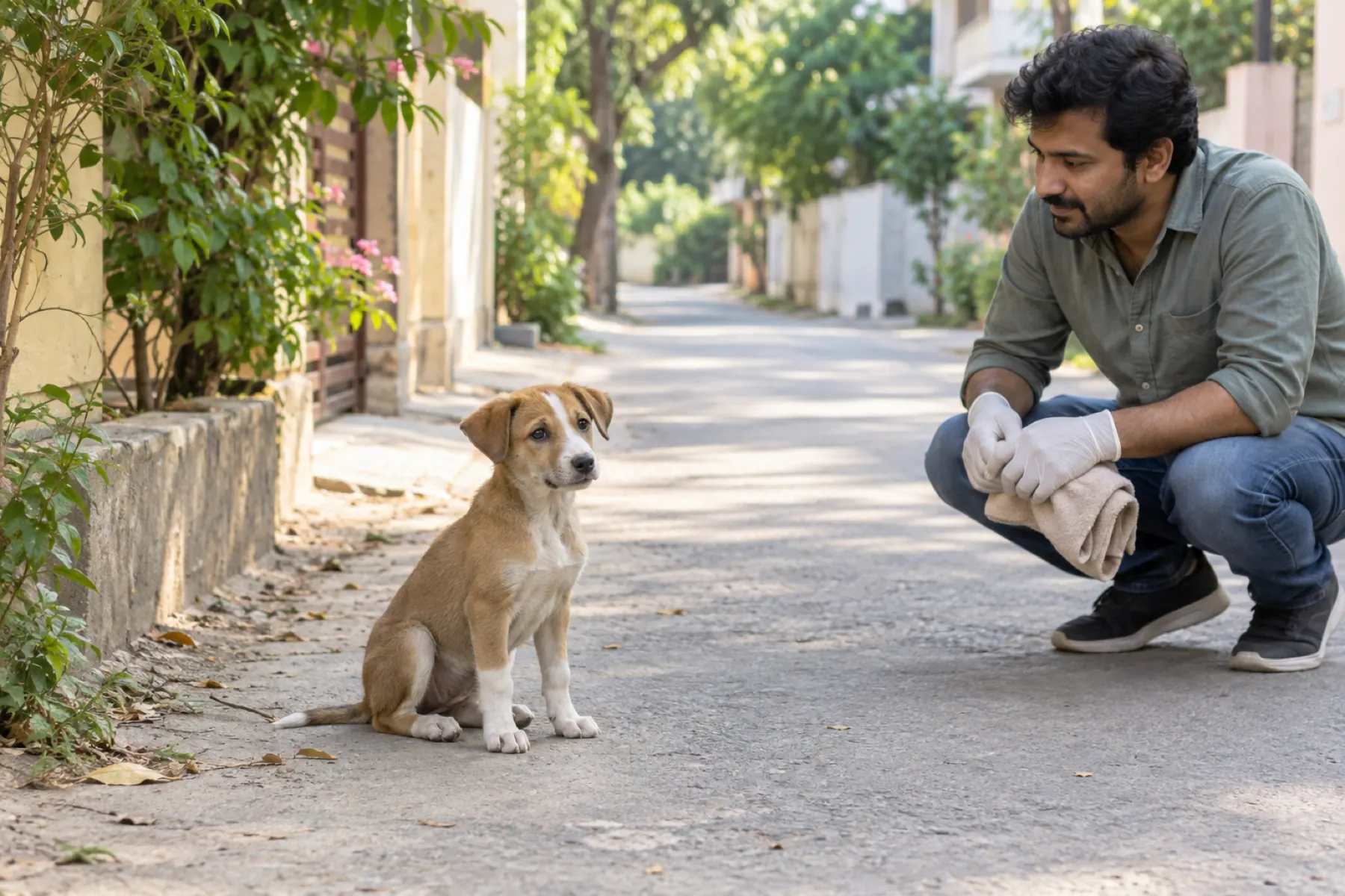 A man in gloves crouches at a safe distance from a street puppy on a quiet lane, holding a towel