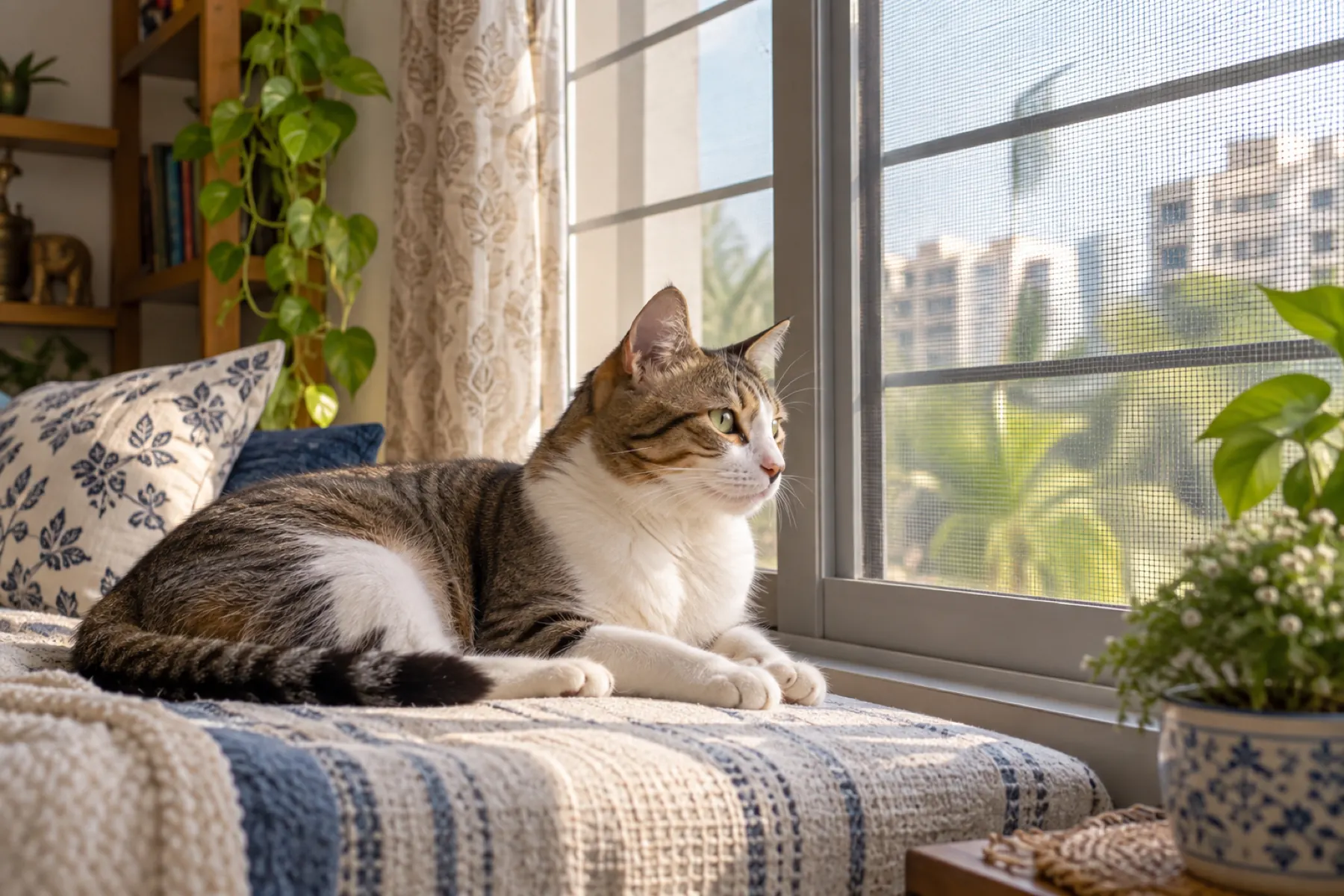 A tabby-and-white cat resting on a daybed by a window with a mesh screen in a city flat