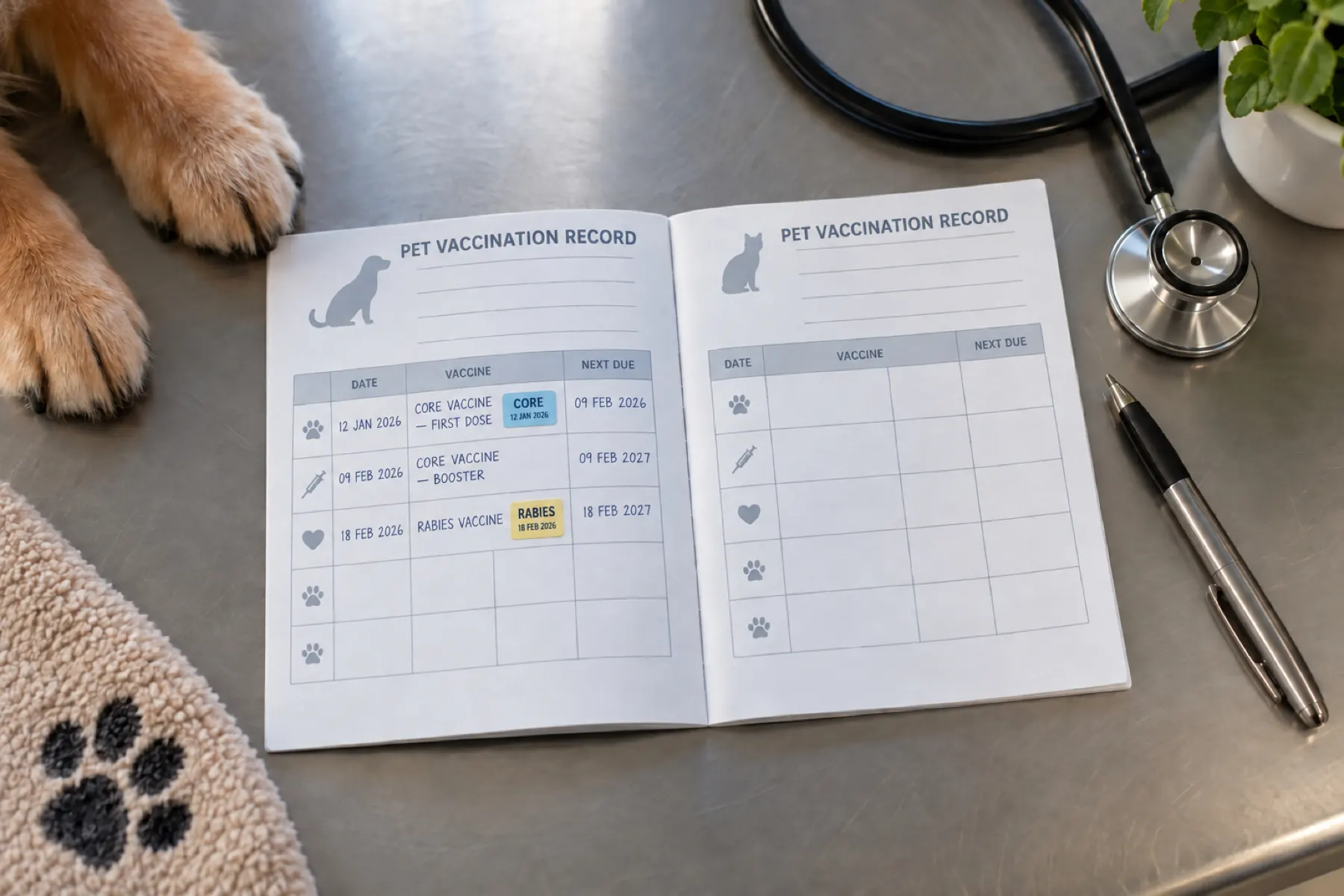 An open pet vaccination record book on a clinic table, with rabies vaccine dates and next-due dates filled in