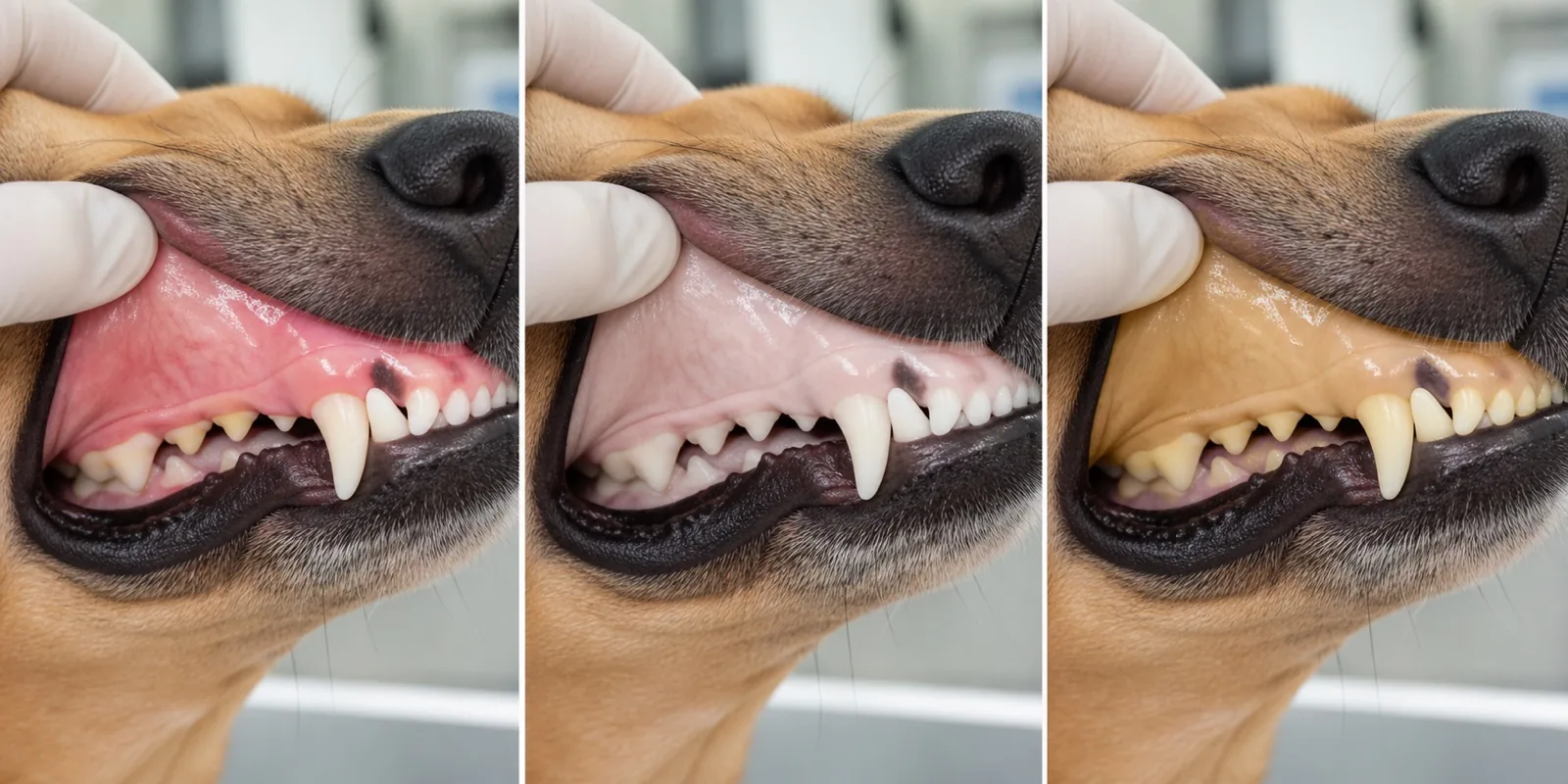 Illustrative comparison of healthy pink, pale and yellow-tinged dog gums