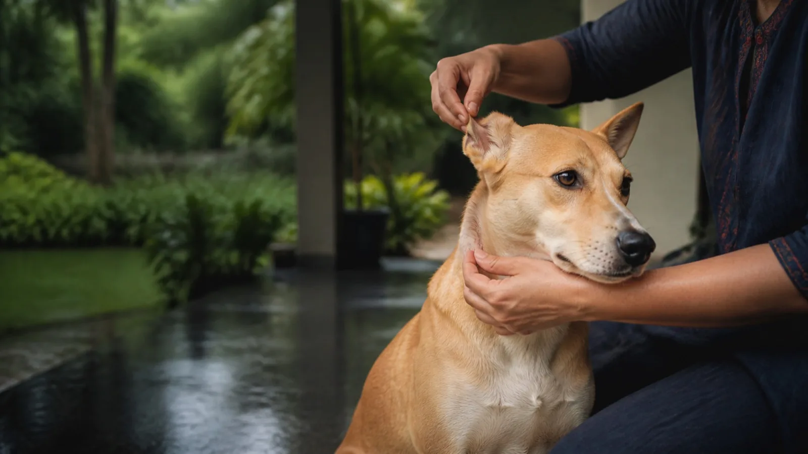 A pet parent checking an Indie dog's ear and neck for ticks after rain