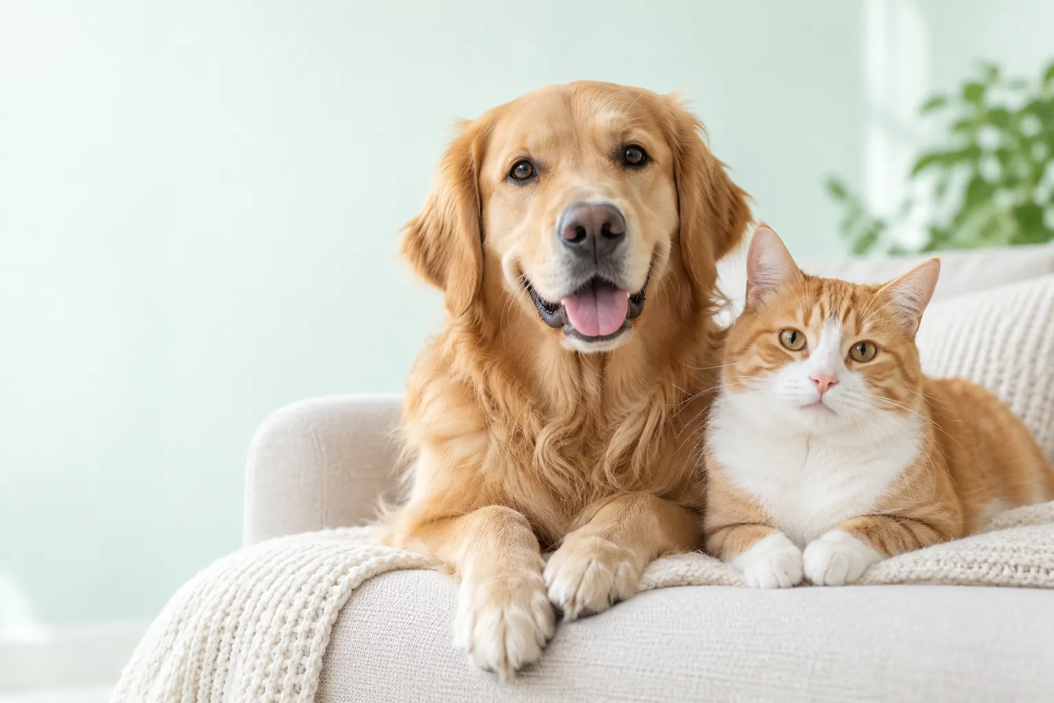 A golden dog and ginger cat relaxing together at home