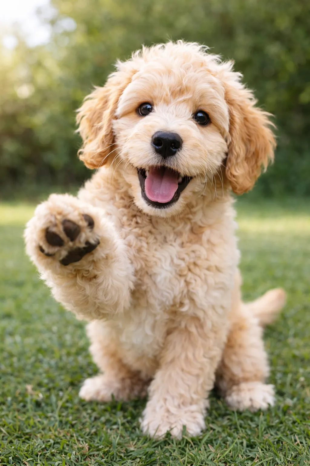 Goldendoodle raising a paw outdoors