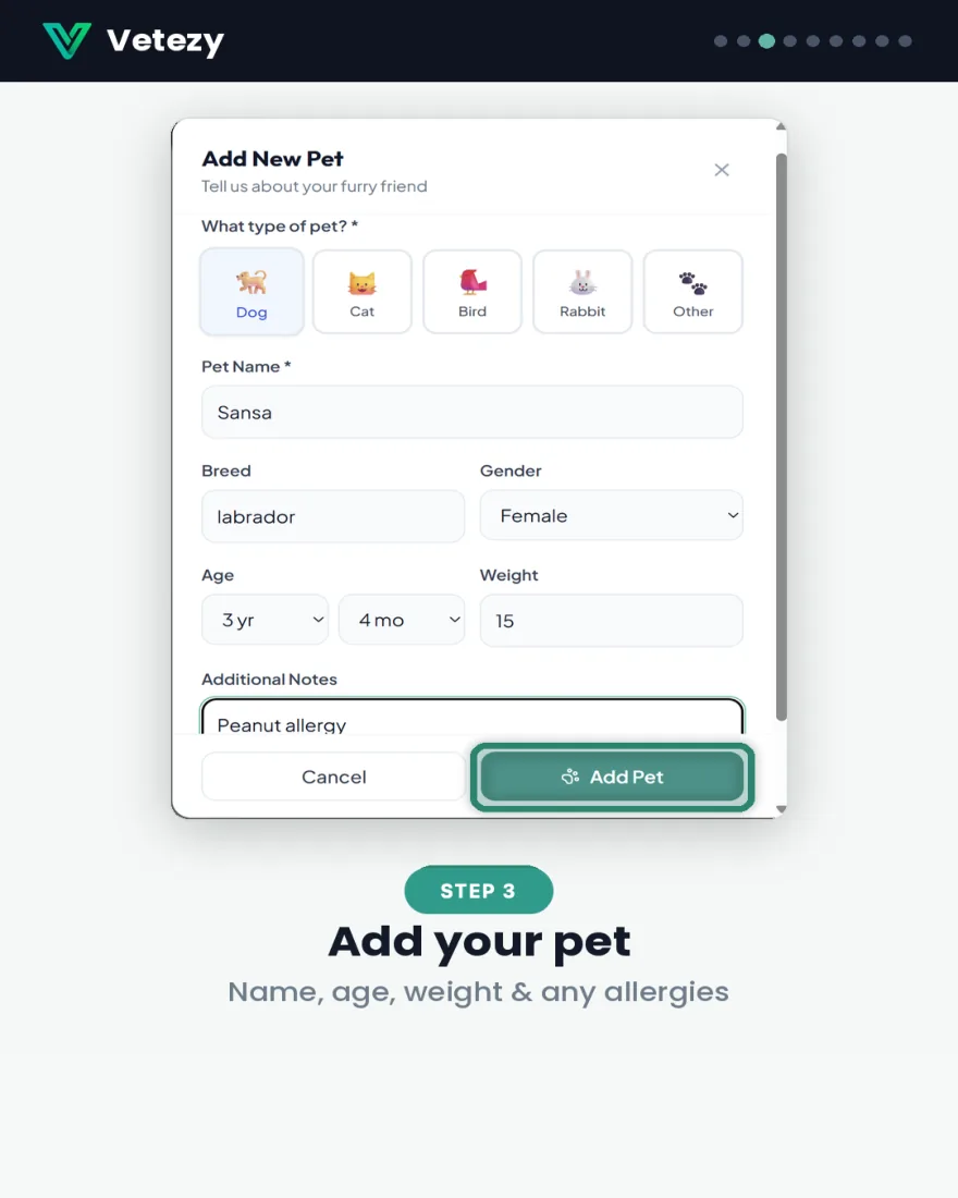 Step 3 — add your pet's name, age, weight and allergies