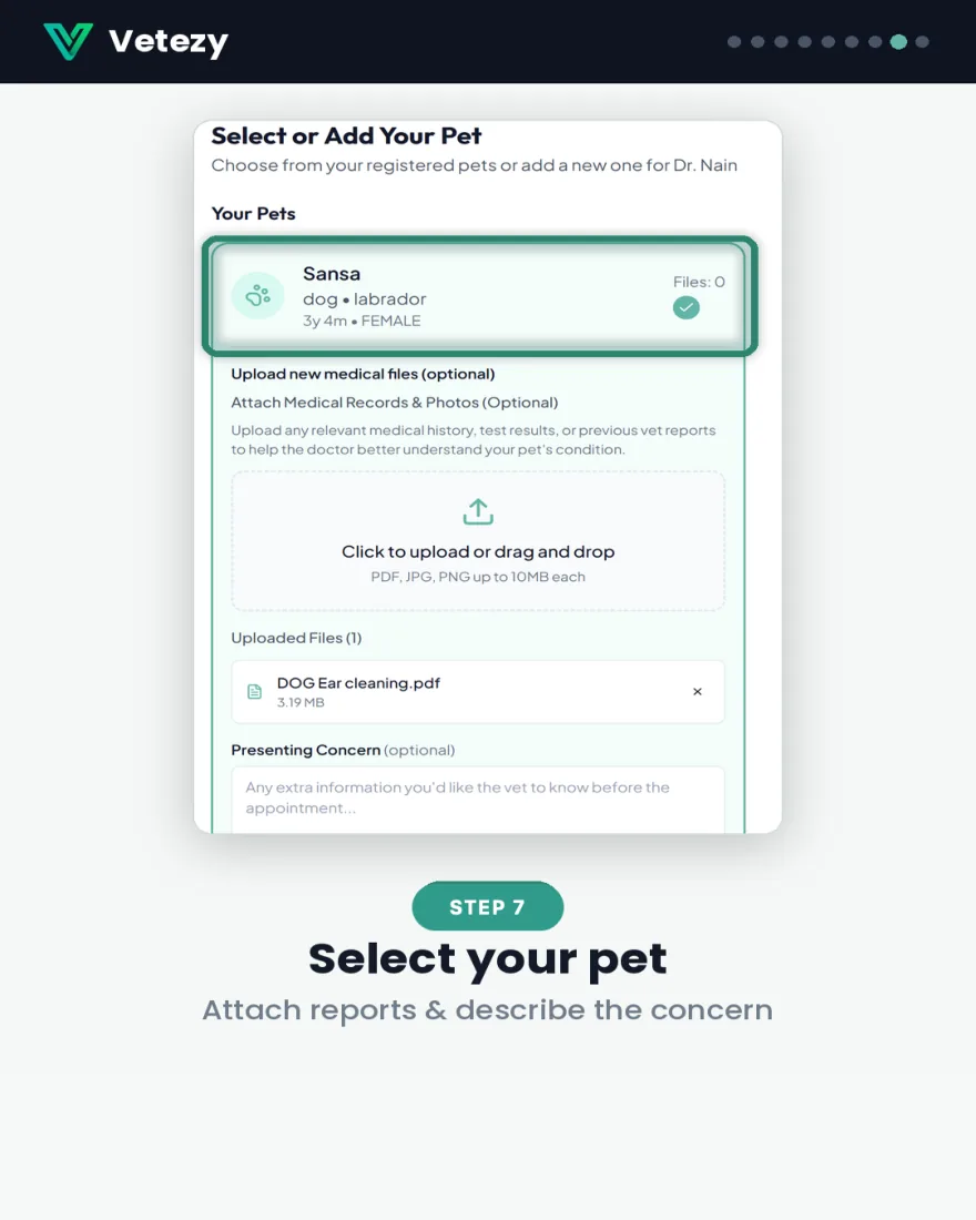 Step 7 — select your pet and attach reports