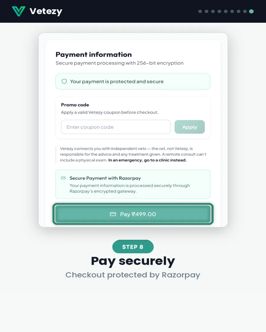 Step 8 — pay securely through Razorpay