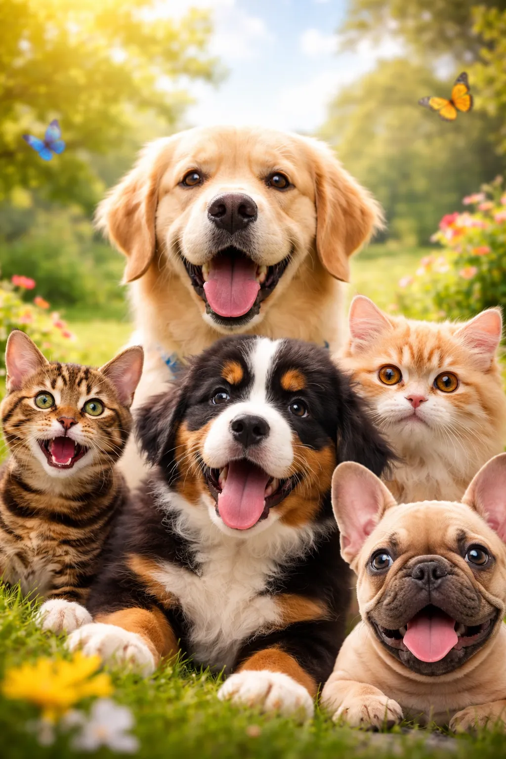 Happy dogs and cats together