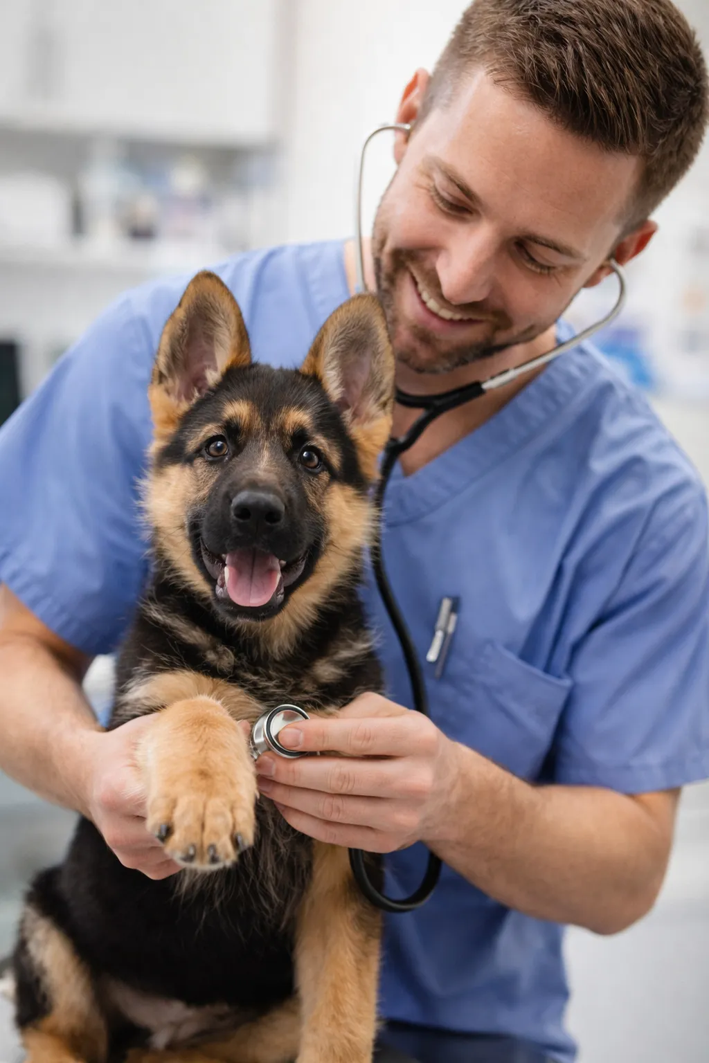 A veterinarian examining a dog